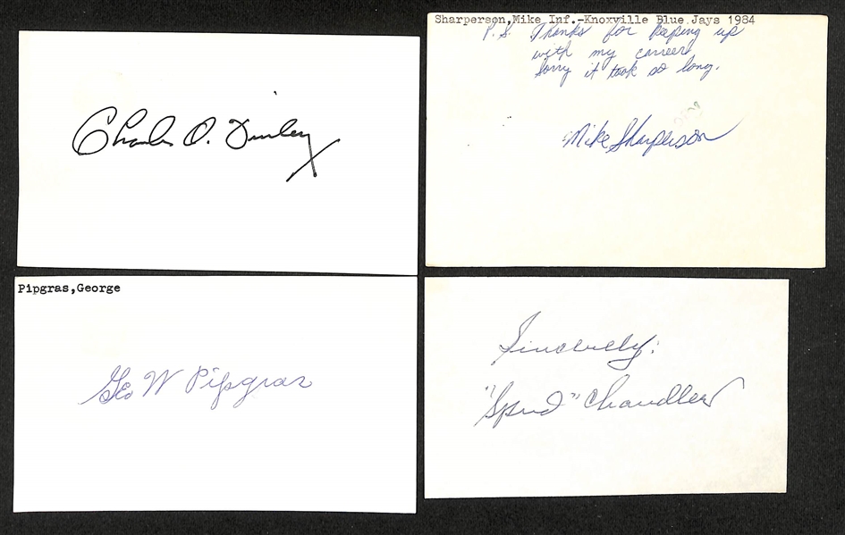 Lot of (500+) Signed Baseball index Cards inc. Charles Finley, Mike Sharperson, Spud Chandler, George Pipgras, + (JSA Auction Letter)