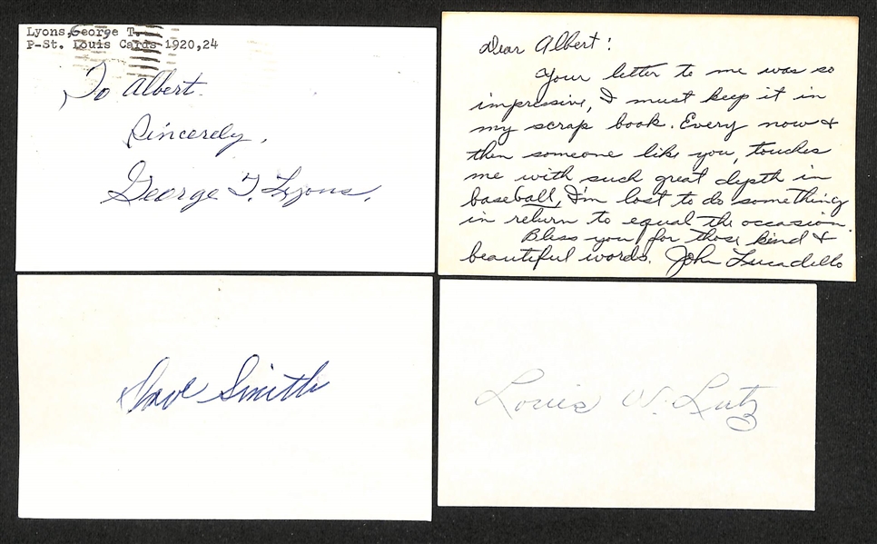 Lot of (500+) Signed Baseball index Cards inc. Charles Finley, Mike Sharperson, Spud Chandler, George Pipgras, + (JSA Auction Letter)