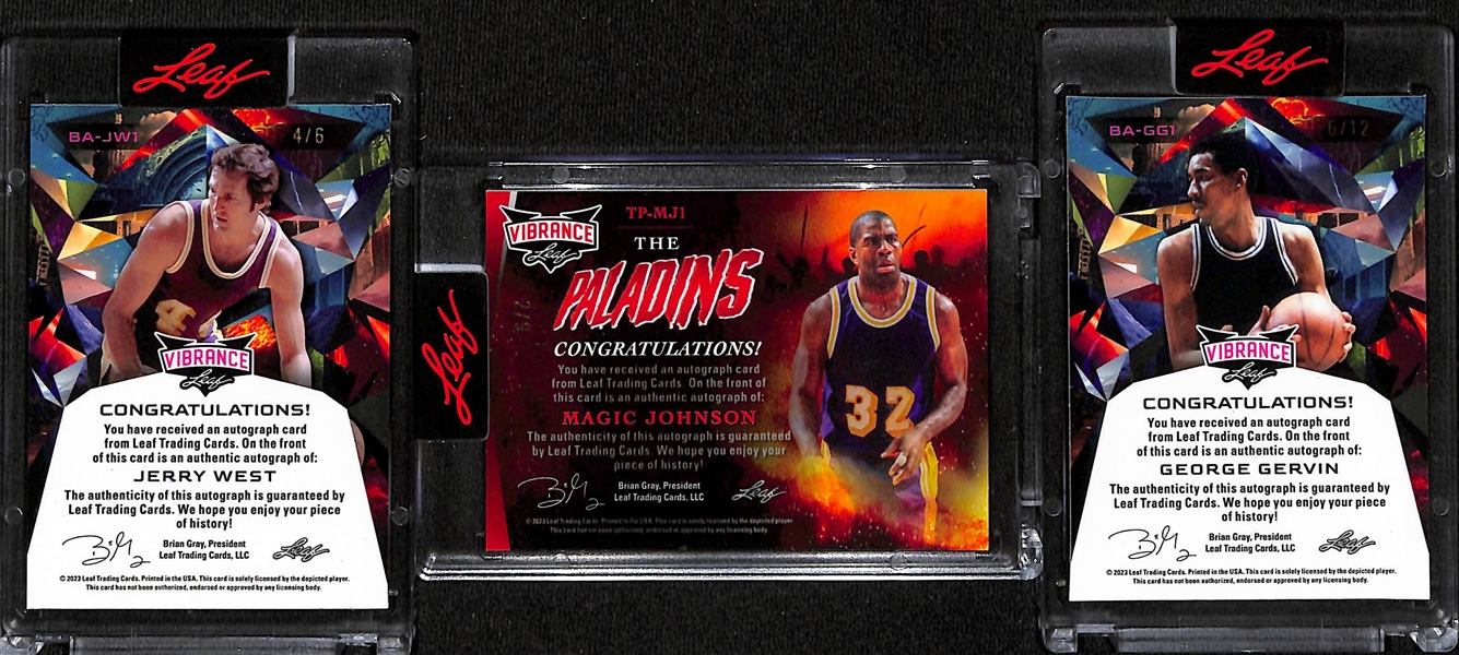 Lot of (3) 2023 Leaf Vibrance Hall of Fame Basketball Autographs inc. Jerry West (#/6), Magic Johnson (#/9), George Gervin (#/12)