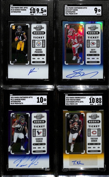 Lot of (4) SGC Graded 2022 Contenders Optic Football Rookie Autograph Cards inc. George Pickens (SGC 9.5), Skyy Moore Blue (SGC 9) (#/99), Dameon Pierce Blue (SGC 10) (#/75), +