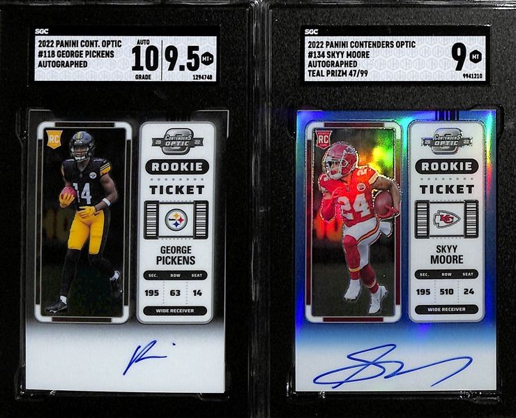 Lot of (4) SGC Graded 2022 Contenders Optic Football Rookie Autograph Cards inc. George Pickens (SGC 9.5), Skyy Moore Blue (SGC 9) (#/99), Dameon Pierce Blue (SGC 10) (#/75), +