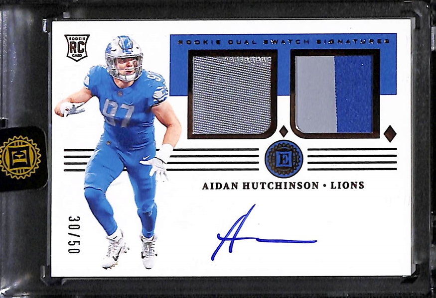 Lot of (9) 2022 Encased and 2023 Immaculate Football Cards inc. Encased Aiden Hutchinson Autograph Rookie Patch (#/50), Immaculate Max Duggan Autograph Rookie Patch (#/99), +