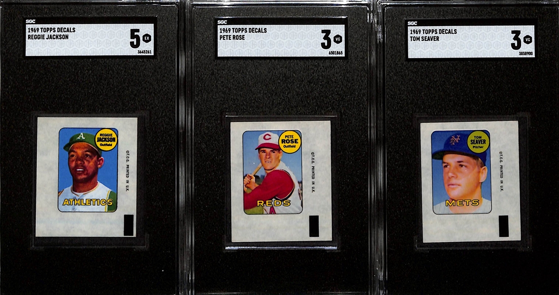 Graded 1969 Topps Decals - Reggie Jackson Rookie (SGC 5), Pete Rose (SGC 3) & Tom Seaver (SGC 3)