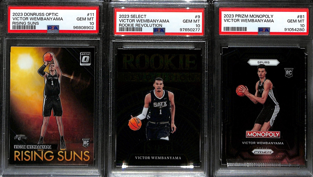 (3) Victor Wembanyama 2023-24 PSA 10 Rookies - Optic Rising Suns Insert, Select Rookie Revolution Insert, & Prizm Monopoly