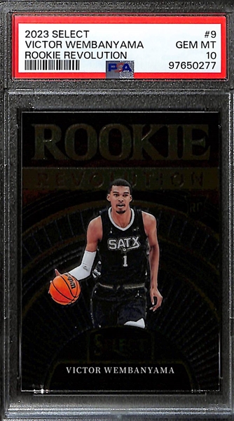 (3) Victor Wembanyama 2023-24 PSA 10 Rookies - Optic Rising Suns Insert, Select Rookie Revolution Insert, & Prizm Monopoly