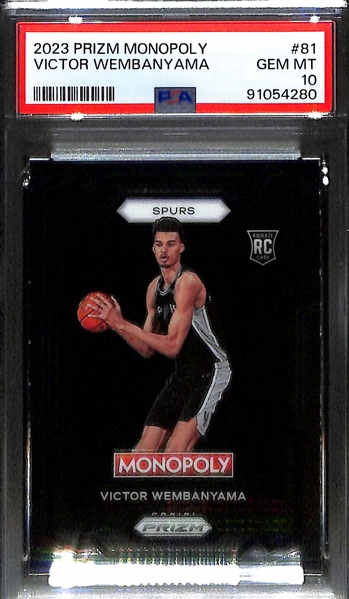 (3) Victor Wembanyama 2023-24 PSA 10 Rookies - Optic Rising Suns Insert, Select Rookie Revolution Insert, & Prizm Monopoly