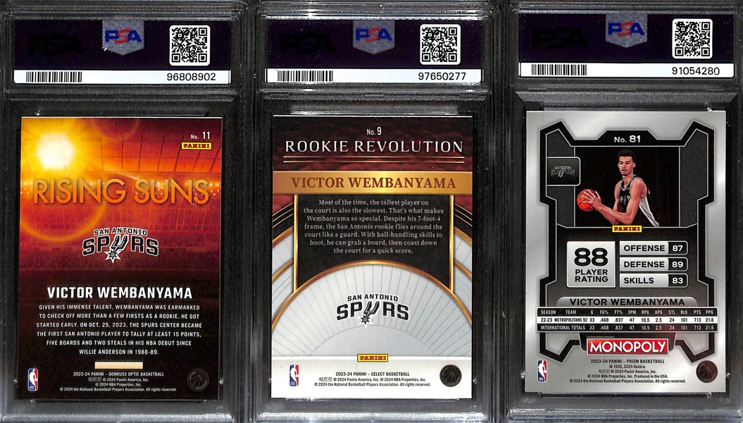 (3) Victor Wembanyama 2023-24 PSA 10 Rookies - Optic Rising Suns Insert, Select Rookie Revolution Insert, & Prizm Monopoly