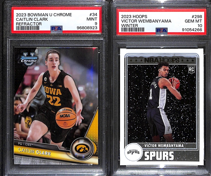 2023 Rookie Lot - Caitlin Clark Bowman Chrome University Refractor Insert (PSA 9) & 2023 Hoops Victor Wembanyama Winter Short-Print (PSA 10)