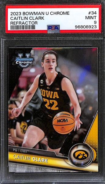 2023 Rookie Lot - Caitlin Clark Bowman Chrome University Refractor Insert (PSA 9) & 2023 Hoops Victor Wembanyama Winter Short-Print (PSA 10)