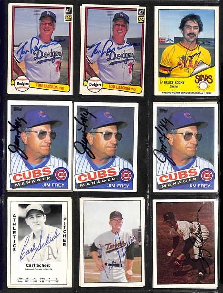 Lot of over (500) Signed Baseball Cards Including (2) Tom Lasorda, (3) Jim Frey, Carl Scheib, Jerry Coleman and Many More. (JSA Auction Letter)