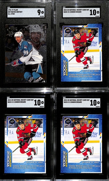 Lot of (4) Graded Hockey Cards - (3) 2023-24 Connor Bedard Upper Deck Rookie Cards (All SGC 10 Graded Rookies) & 1996 Flair Wayne Gretzky All-Star (SGC 9)