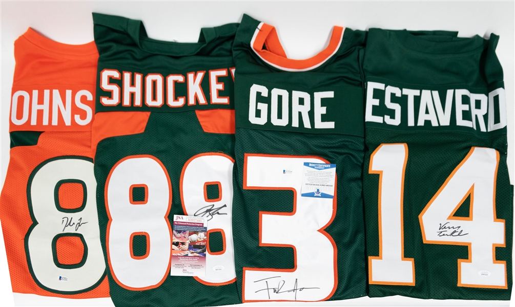 Lot of (4) JSA & Beckett Witnessed Custom Miami Hurricanes Football Jerseys inc. Jeremy Shockey, Duke Johnson, Vinny Testaverde & Frank Gore