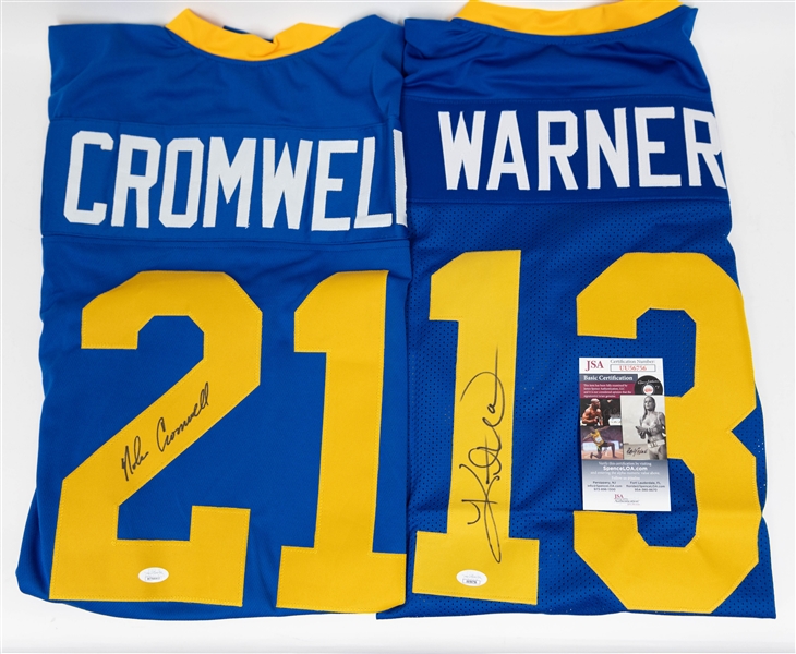 Lot of (2) Autographed Custom St Louis Rams Football Jerseys inc. Kurt Warner & Nolan Cromwell (JSA)