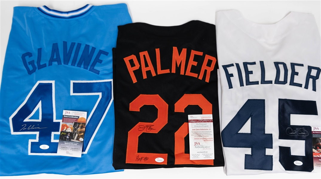 Lot of (3) Autographed Custom Baseball Jerseys inc. Baltimore Orioles Jim Palmer, Detroit Tigers Cecil Fielder and Tom Glavine Atlanta Braves (JSA)