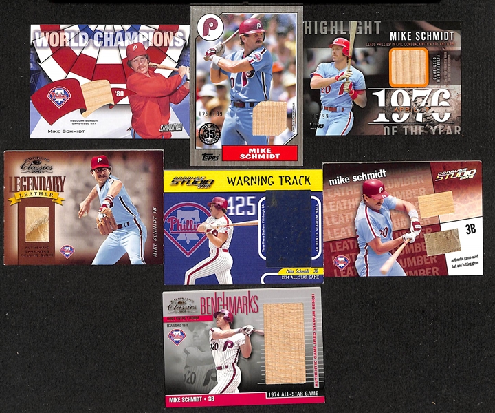 Lot of (13) Mike Schmidt Relic Cards w. Bats, Cleats, Seats, Bench Seats