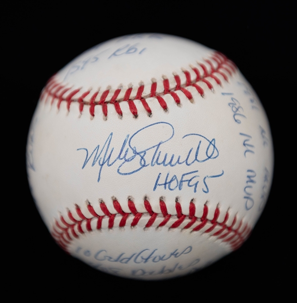 Mike Schmidt Signed Stat Ball on Official National League Baseball + (JSA Auction Letter)