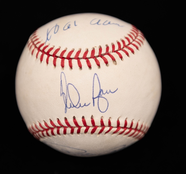 Signed Official American League Baseball w. Hank Aaron, Nolan Ryan, Rickey Henderson, Pete Rose + (JSA Auction Letter)