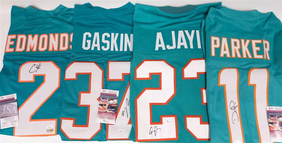 Lot of (4) Autographed Custom Miami Dolphins Football Jerseys inc. Devante Parker, Jay Ajayi, Chase Edmonds & Myles Gaskin (JSA Witnessed)