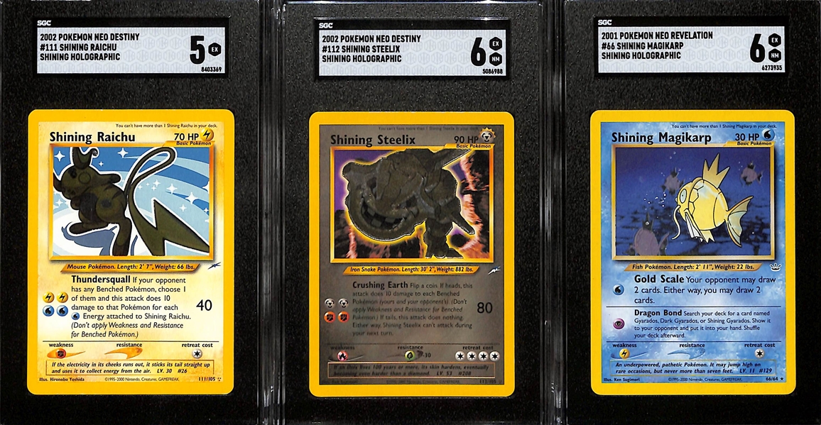 (3) Shining Holo Pokemon Cards w. (2) SGC 6 and (1) SGC 5 inc. 2002 Neo Destiny #111 Shining Raichu Holo SGC 5