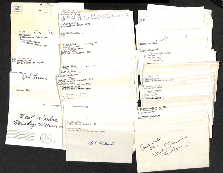 Lot of (500+) Signed Baseball Index Cards inc. Mickey Vernon, Don Sutton, Tim Raines, Spud Chandler, + (JSA Auction Letter)