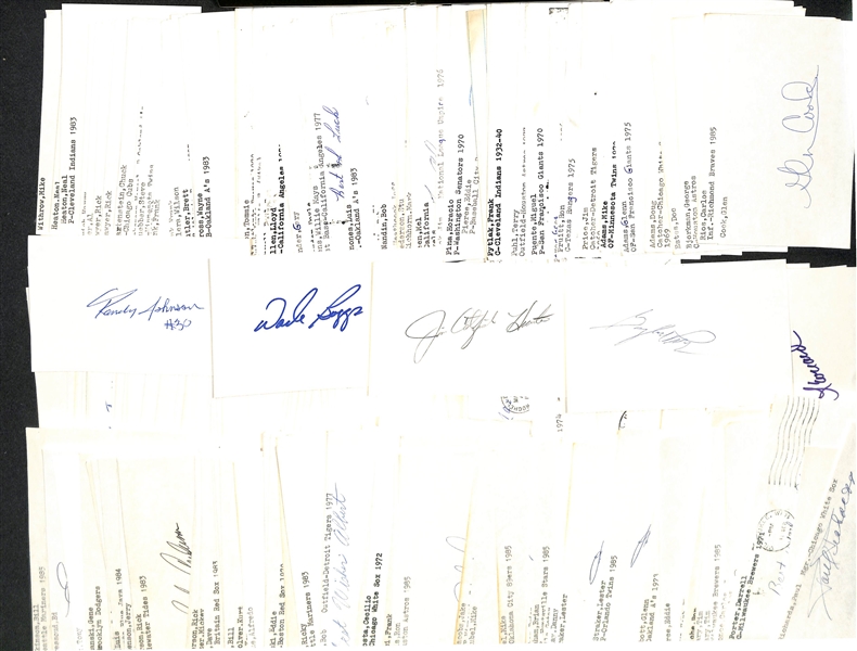 Lot of (500+) Signed Baseball Index Cards inc. Randy Johnson (early auto), Earle Combs, Chipper Jones, Wade Boggs, Jim Hunter, + (JSA Auction Letter)