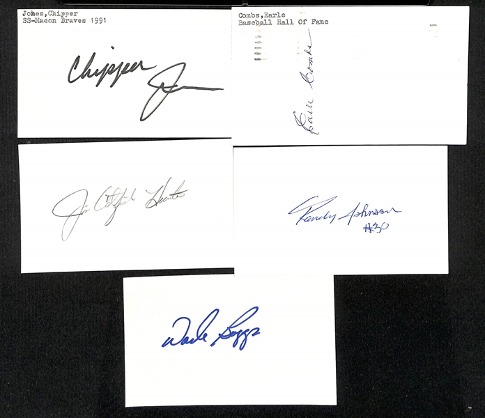 Lot of (500+) Signed Baseball Index Cards inc. Randy Johnson (early auto), Earle Combs, Chipper Jones, Wade Boggs, Jim Hunter, + (JSA Auction Letter)