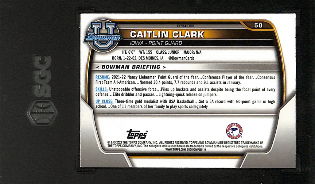 2022-23 Bowman Chrome University Caitlin Clark Rookie Refractor (1st Bowman) Graded SGC 9.5