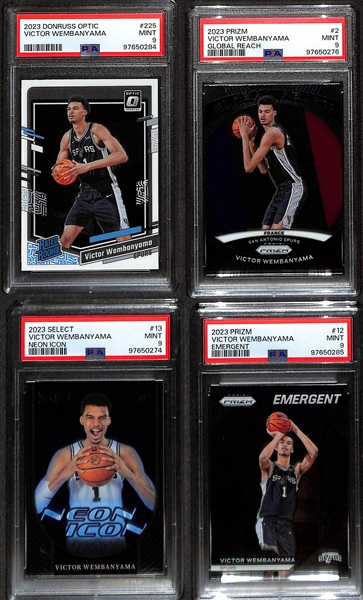 (4) 2023 Victor Wembanyama PSA 9 Graded Rookie Cards - Optic #225, Prizm Global Reach, Select Neon Icon, & Prizm Emergent