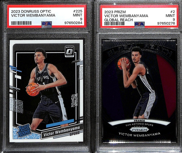 (4) 2023 Victor Wembanyama PSA 9 Graded Rookie Cards - Optic #225, Prizm Global Reach, Select Neon Icon, & Prizm Emergent