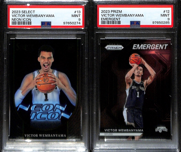 (4) 2023 Victor Wembanyama PSA 9 Graded Rookie Cards - Optic #225, Prizm Global Reach, Select Neon Icon, & Prizm Emergent