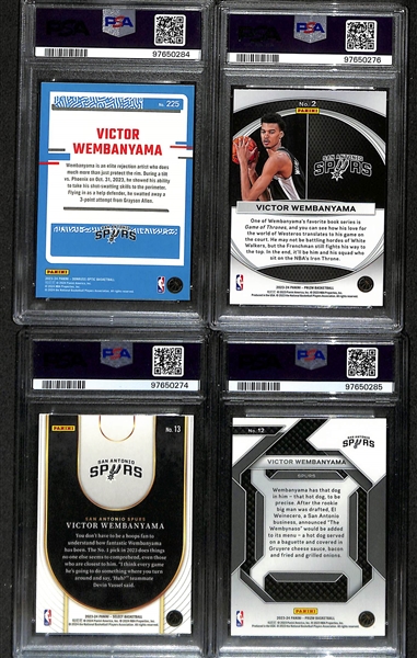 (4) 2023 Victor Wembanyama PSA 9 Graded Rookie Cards - Optic #225, Prizm Global Reach, Select Neon Icon, & Prizm Emergent