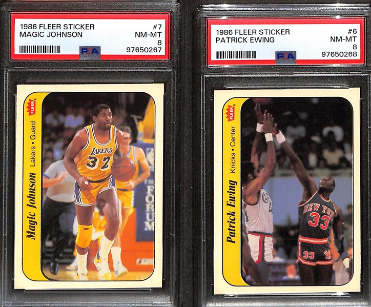 (2) PSA Graded 1986-87 Fleer Basketball Stickers - Magic Johnson & Patrick Ewing - Both Graded PSA 8 