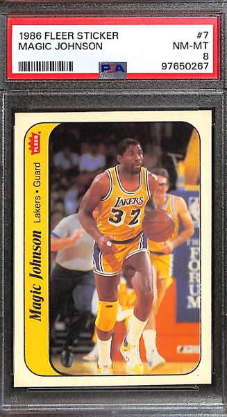 (2) PSA Graded 1986-87 Fleer Basketball Stickers - Magic Johnson & Patrick Ewing - Both Graded PSA 8 