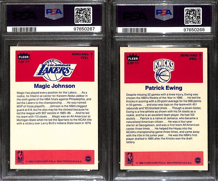 (2) PSA Graded 1986-87 Fleer Basketball Stickers - Magic Johnson & Patrick Ewing - Both Graded PSA 8 