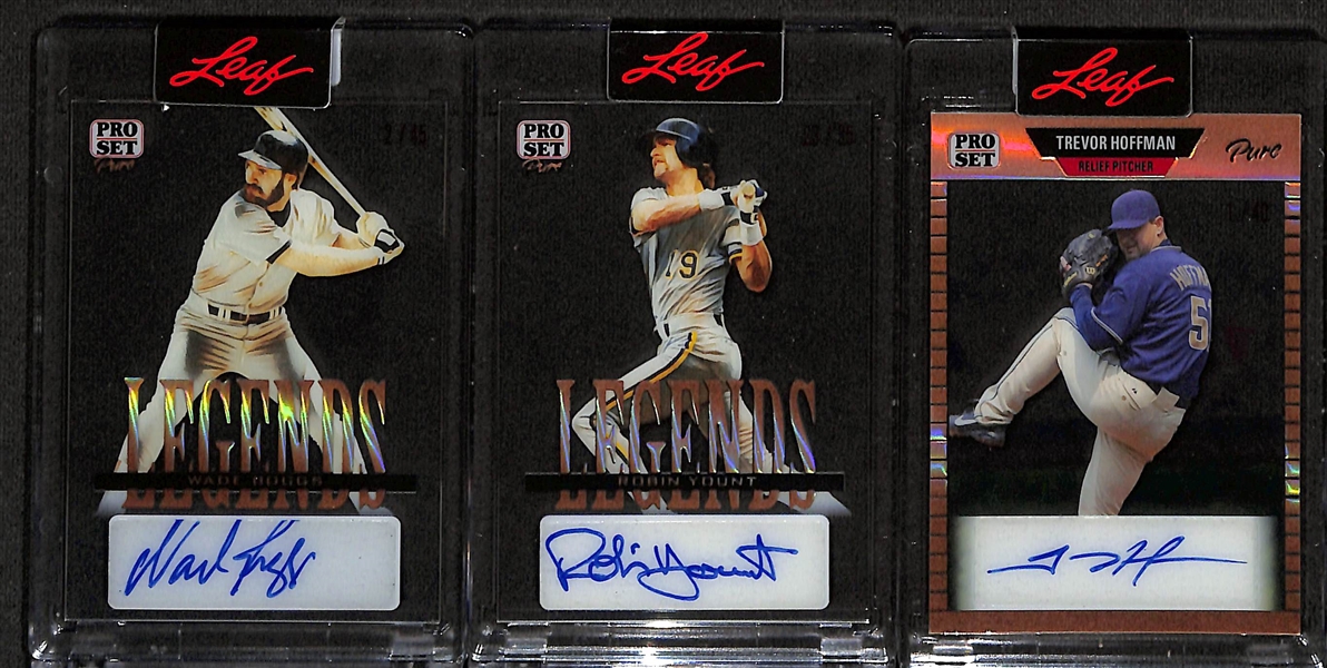 (3) 2023 Leaf Pro Set Pure Baseball Autographed Cards - Wade Boggs (#/45), Robin Yount (#/35), & Trevor Hoffman (#/40)