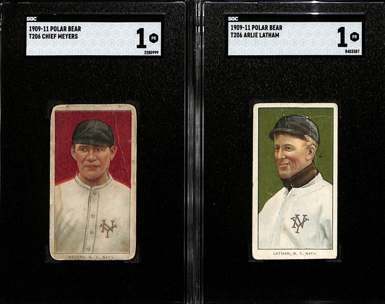 (2) 1909-11 T206 Polar Bear Back Tobacco Cards - Chief Meyers (SGC 1) & Arlie Latham