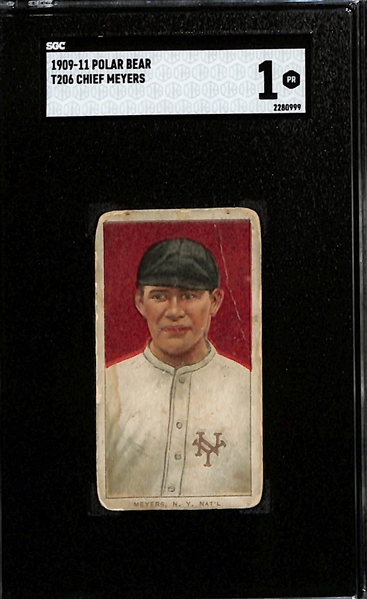 (2) 1909-11 T206 Polar Bear Back Tobacco Cards - Chief Meyers (SGC 1) & Arlie Latham