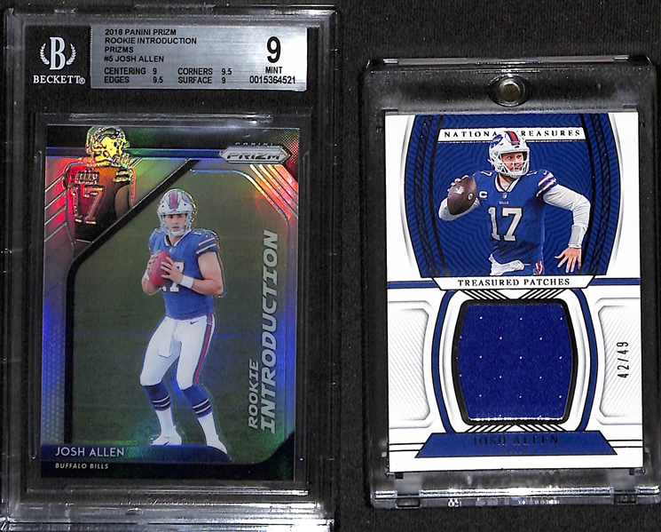 Josh Allen Lot - 2018 Prizm Rookie Introductions Silver Prizm Rookie (BGS 9) & 2022 National Treasures Jersey Relic (#/49)