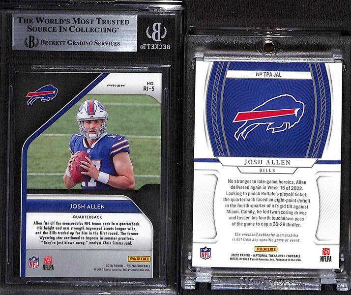 Josh Allen Lot - 2018 Prizm Rookie Introductions Silver Prizm Rookie (BGS 9) & 2022 National Treasures Jersey Relic (#/49)