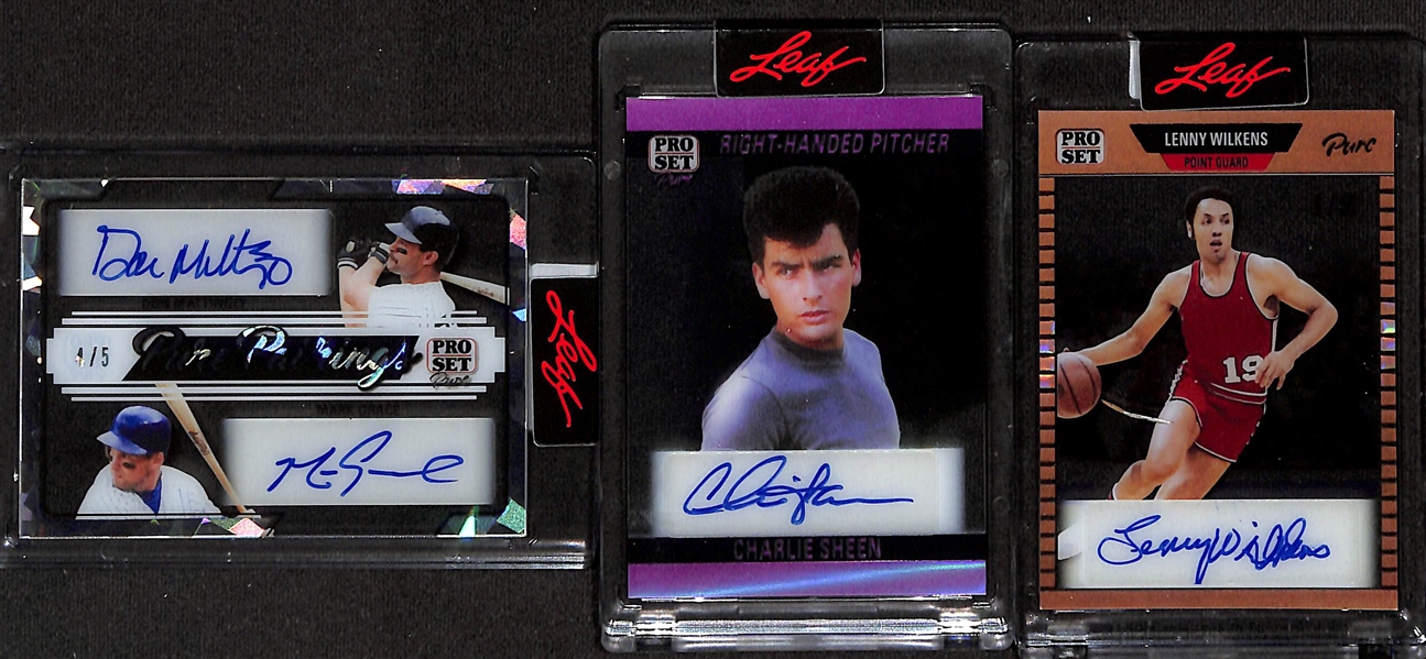 (3) 2023 Leaf Pro Set Pure Autographed Cards - Don Mattingly & Mark Grace Dual Autograph Card (#4/5), Charlie Sheen (#10/15), Lenny Wilkens (#6/50)