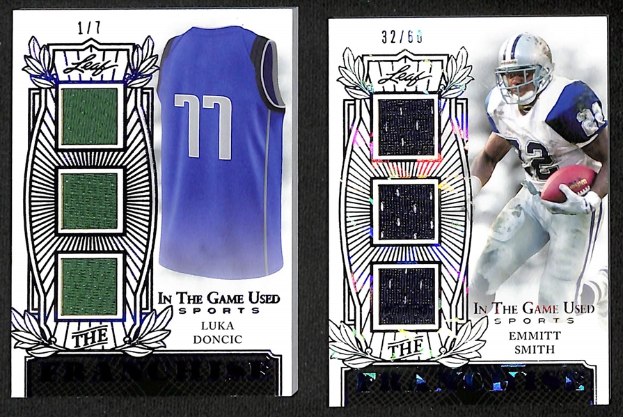  (6) 2024 Leaf In the Game Used Sports Relic Cards with Luka Doncic Triple Jersey (#1/7), Emmitt Smith  Triple Jersey (#32/60), Larry Bird Jersey (#2/9)