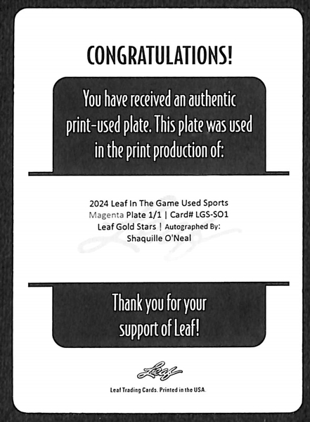  2024 Leaf In the Game Used Sports Shaquille O'Neal Autographed Printing Plate (Magenta #ed 1/1)