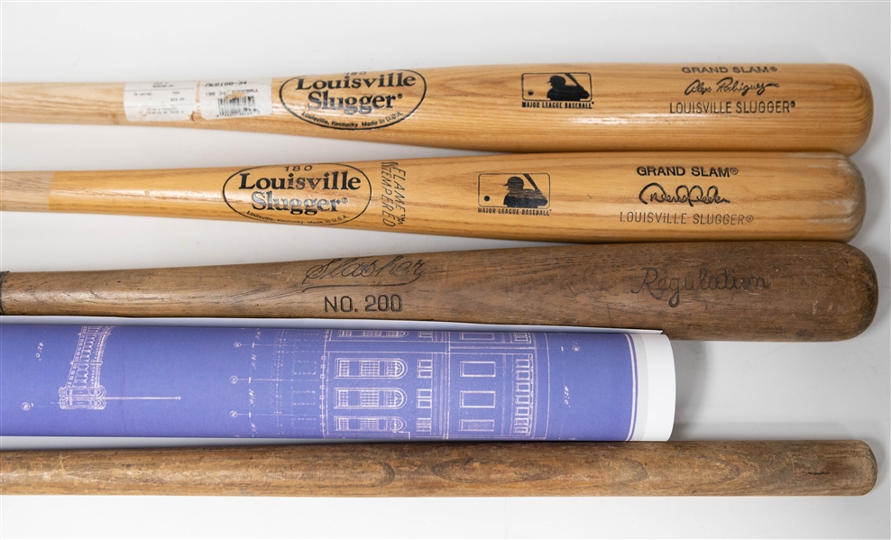 Lot of (5) Store Model Bats inc. Louisville Slugger & Vintage 1950's Bat, & Poster of Yankee Stadium