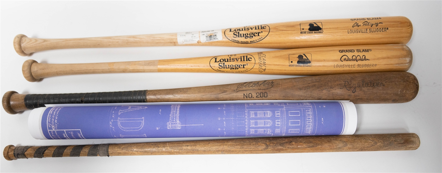 Lot of (5) Store Model Bats inc. Louisville Slugger & Vintage 1950's Bat, & Poster of Yankee Stadium