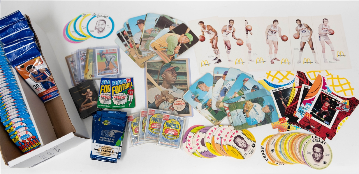 Lot of (22) Topps 1970-71 Super Cards w. 1970 Phil Niekro, (60) Assorted 1976 Isaly's Discs w. Hank Aaron, & Other Sports Cards/Unopened Packs 