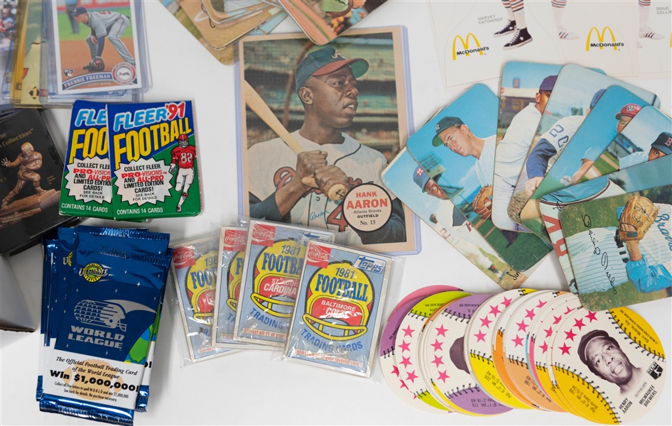 Lot of (22) Topps 1970-71 Super Cards w. 1970 Phil Niekro, (60) Assorted 1976 Isaly's Discs w. Hank Aaron, & Other Sports Cards/Unopened Packs 