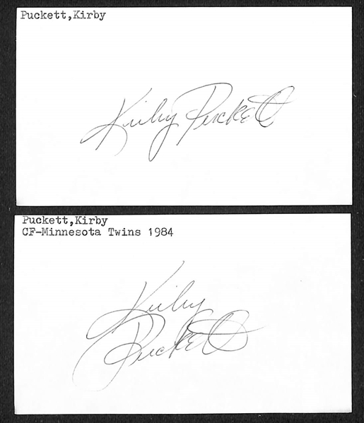 Lot of (2) Baseball Signed Index Cards of Kirby Puckett, + (JSA Auction Letter)