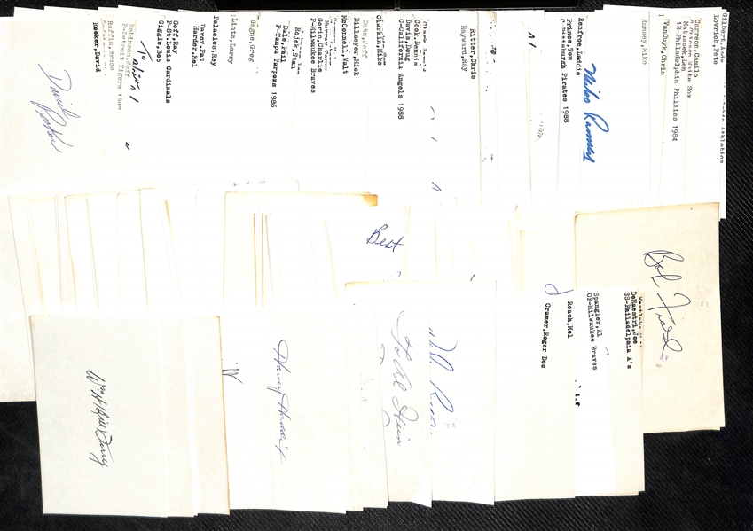 Lot of (190+) Mostly Baseball Signed Index Cards w. Dom DiMaggio, Wade Boggs, & Bill Terry (+JSA Auction Letter)