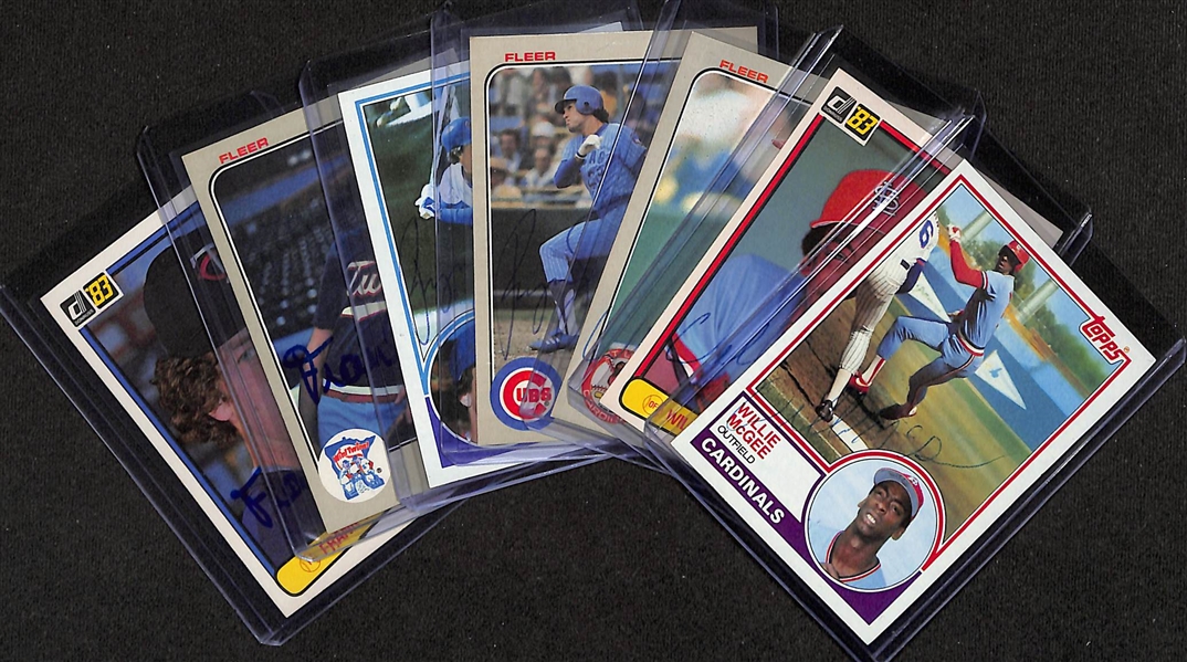 (7) Signed 1983 Baseball Rookie Cards w. Ryne Sandberg Fleer & Topps, Willie McGee Fleer, Topps, & Donruss, Frank Viola Fleer & Donruss (JSA Auction Letter)