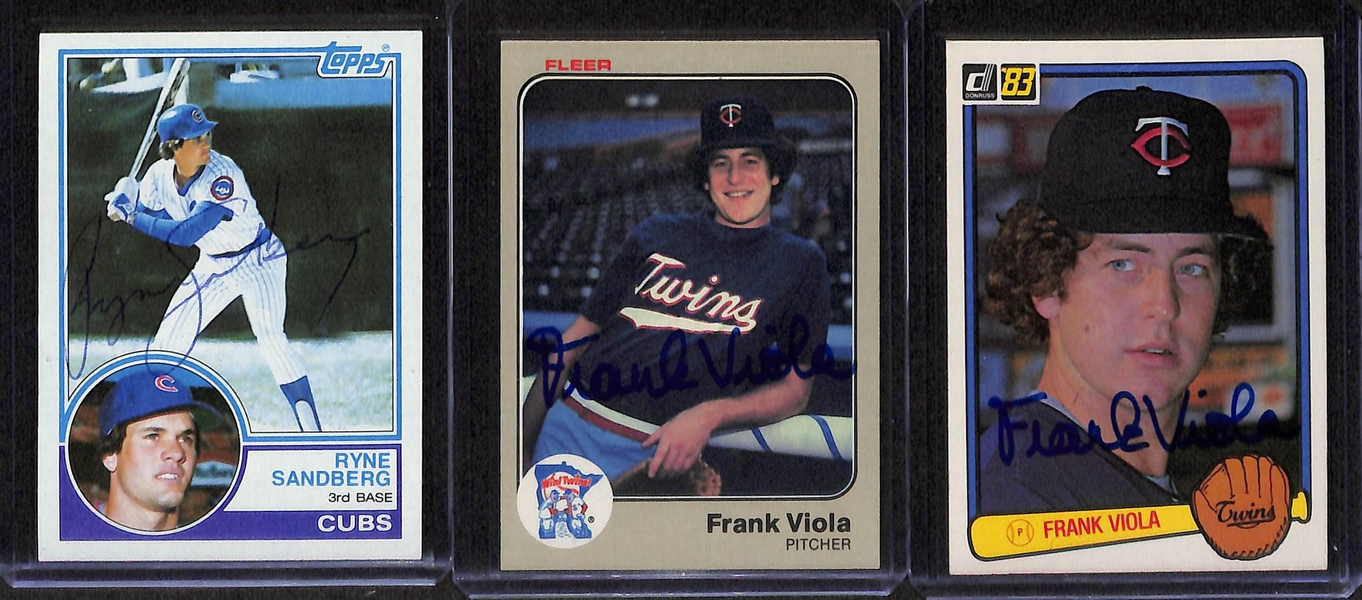 (7) Signed 1983 Baseball Rookie Cards w. Ryne Sandberg Fleer & Topps, Willie McGee Fleer, Topps, & Donruss, Frank Viola Fleer & Donruss (JSA Auction Letter)